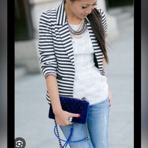 NEW Monteau Navy White Striped Cotton Blazer Nautical Preppy Size Medium